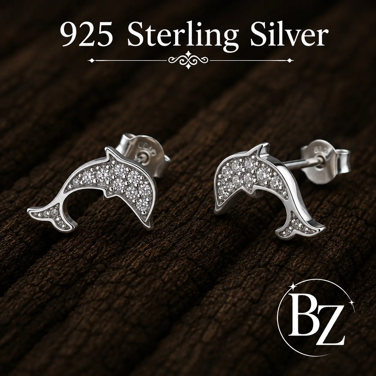 925 Sterling Silver Dolphin Stud Earrings with Cubic Zirconia