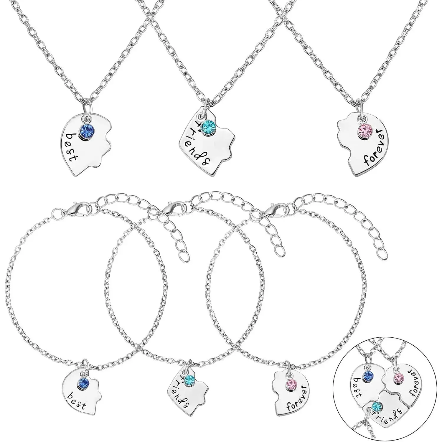 6 Pcs Best Friends Forever and Ever BFF Necklaces and Bracelet Printed Puzzle Broken Heart Pendant Necklaces Set Alloy Friendship Necklace Best Friend Jewelry for Connected Necklace(Silver)