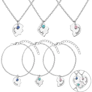 6 Pcs Best Friends Forever and Ever BFF Necklaces and Bracelet Printed Puzzle Broken Heart Pendant Necklaces Set Alloy Friendship Necklace Best Friend Jewelry for Connected Necklace(Silver)
