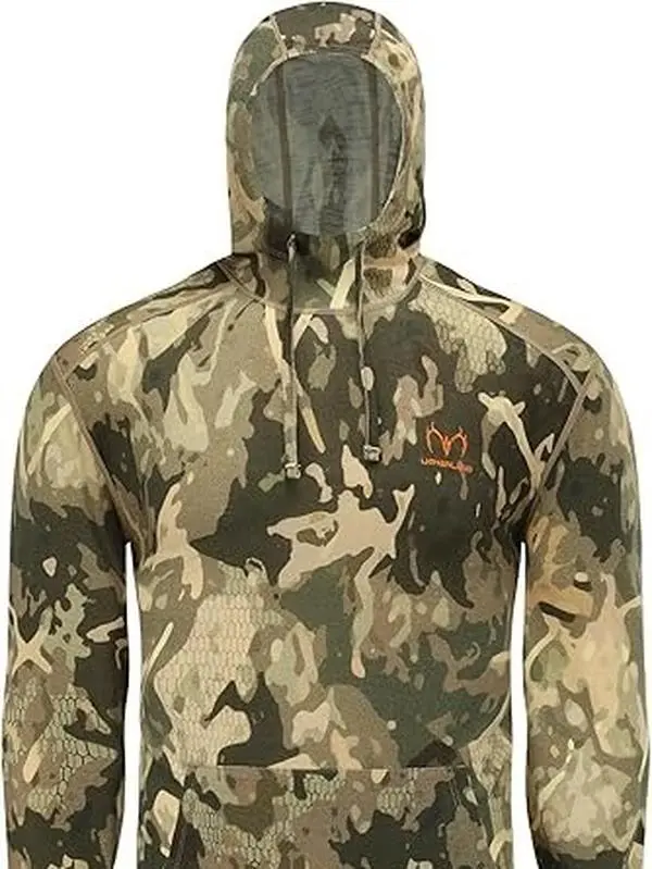 Lichenland Merino Wool Camo Hoodie. Earth Brown, Green, Black Tones. Terrain Camouflage Pattern, Hunting, Outdoors Product without drawstring