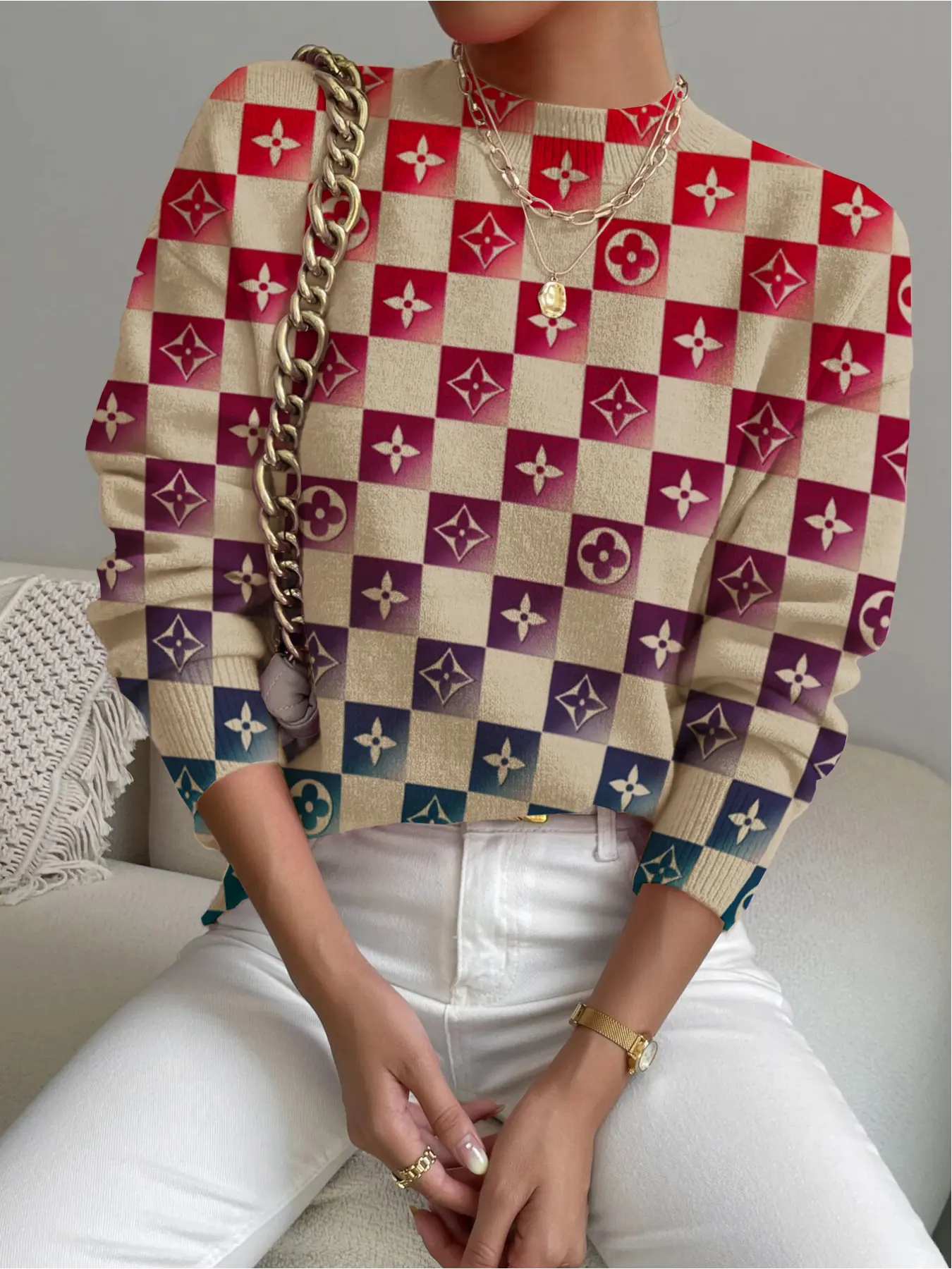 Women's Gradient Ombre Plaid Geometric Print Stand Collar Fitted Sweater, Fall Winter Casual Long Sleeve Knitwear, Comfortable Warm Daily Wear, Tops, Casual Jumper