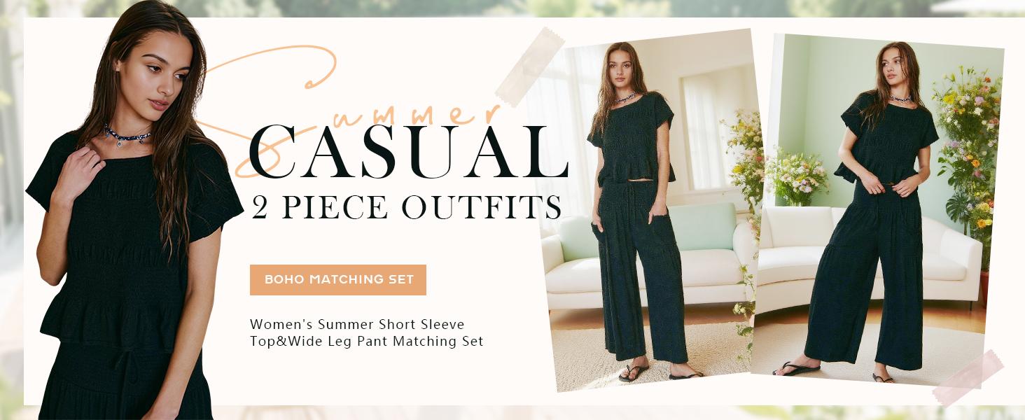 Mundoven Women's 2-piece smocked Top & Wide-leg pants Set-High waisted Lounge Outfit with Pockets Casual Boho Matching Set