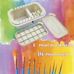 11 Pcs Artist Brush Basin Organizer Set,Including 1 Paint Brush Cleaner Palette Basin with 10 Paint Brushes,Ideal for Acrylic,Watercolor and Water Based Paints,DIY Hand Tools Kits,Summervibes