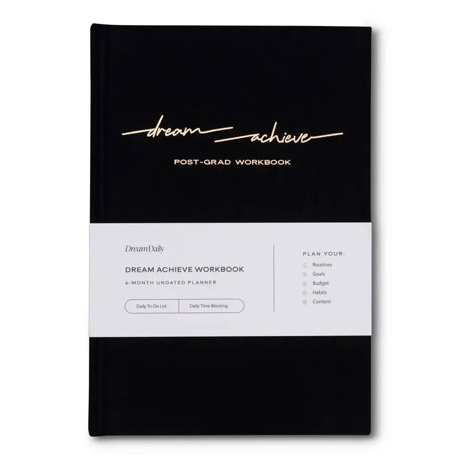 Dream Achieve Workbook Planner 6-Month Undated with 200 Custom-Designed Pages, 5.5 Inches x 8.5 Inches, Hard Linen Cover & 2 Silk Bookmarks