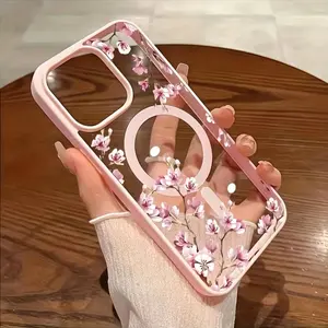 Elegant Floral Background Design Featuring Pink Cherry Blossoms, a Pink Magnetic Phone Case Compatible with iPhone 17 E Air Pro ProMax iPhone16 15 14 Plus 13 12 11 X XS XR,Ultra-Thin Protective Cover, Slip-Resistant,Scratch-Resistant,Perfect Birthday Gift