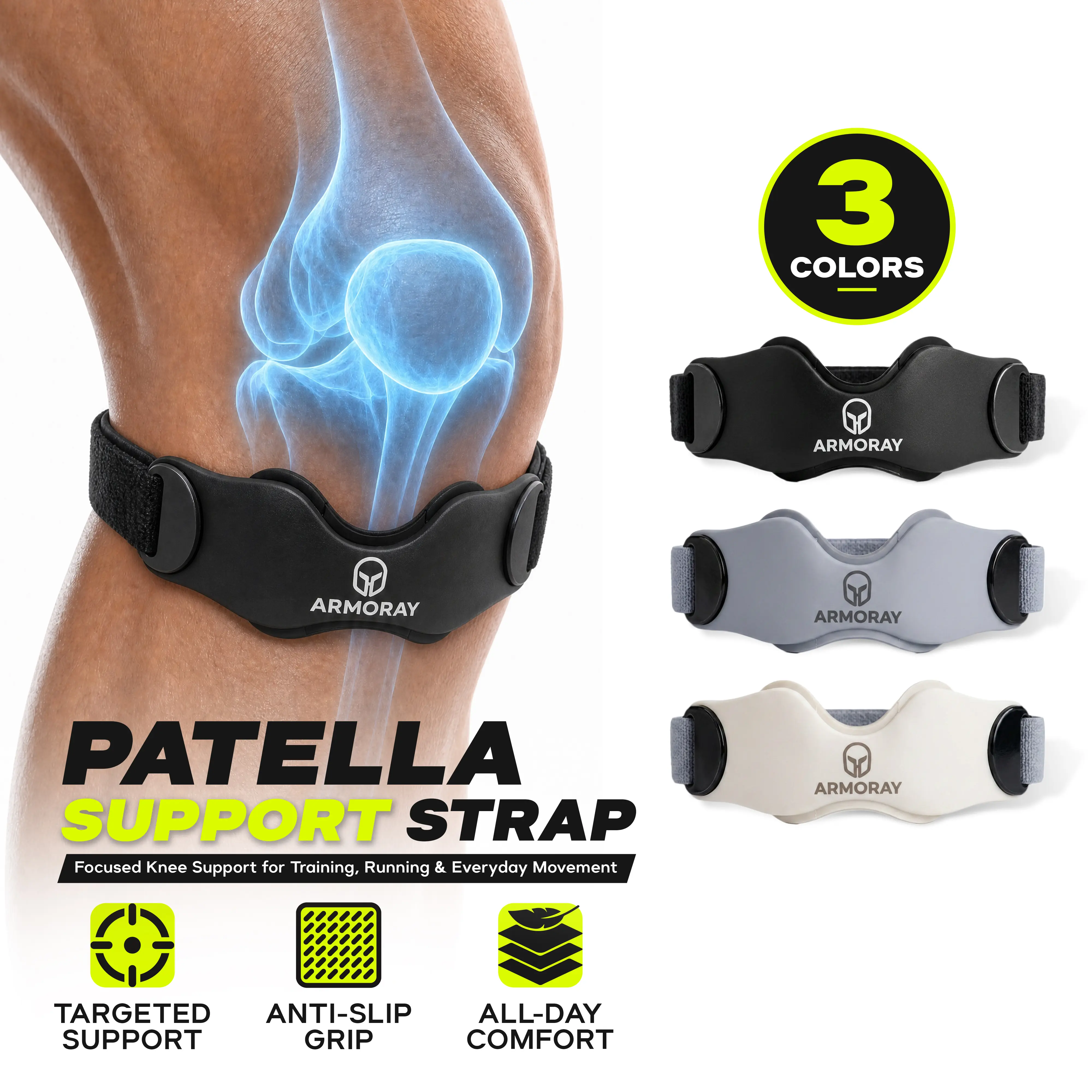 Armoray Adjustable Patellar Knee Strap - Patella Focus Knee Supporter with Silicone Shell, Secure Hold Anti-Slip Stabilizer for Running/Basketball, Knee Support Brace, Supportive Wrap Patellar Tendon Strap