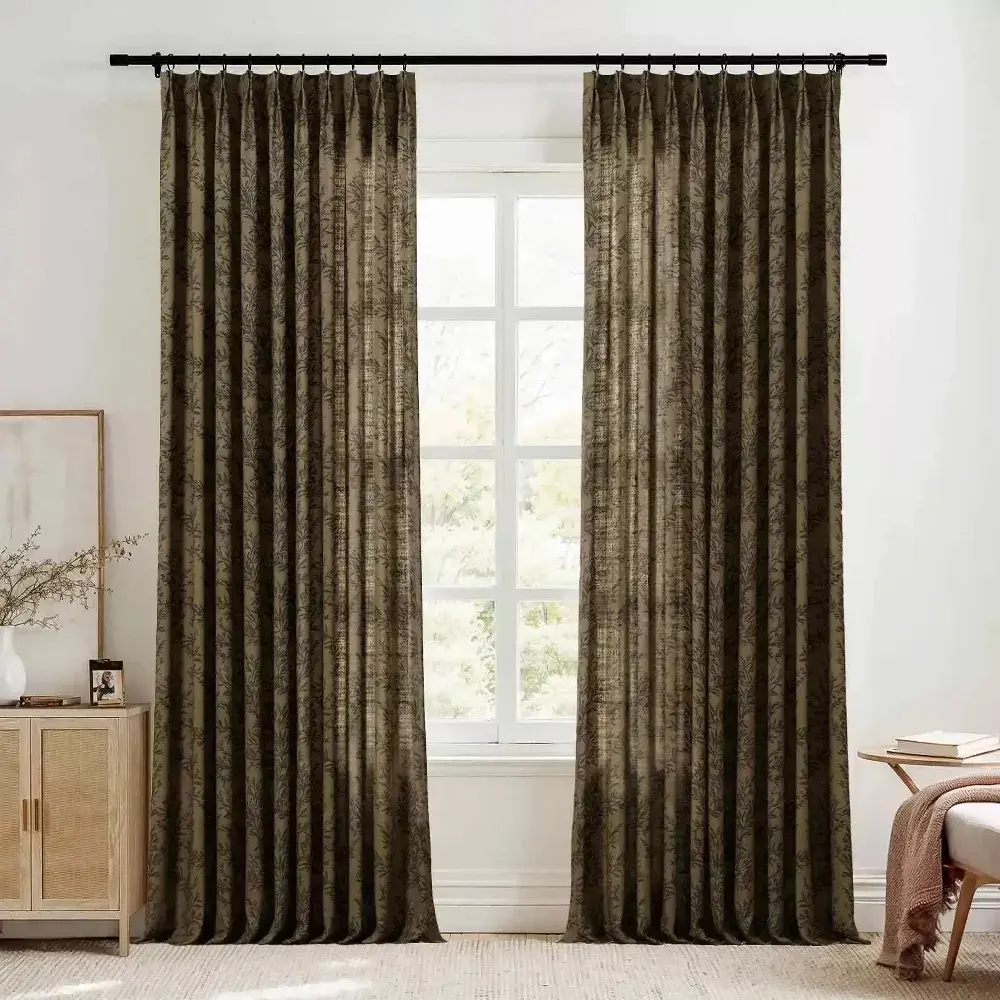 TWOPAGES Linen Leaves Print Drape Pinch Pleat Light Filtering Curtain 26"x84" Bronze