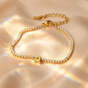 Minimalist Tennis Bracelet Personalized Initial Bracelet Puffy Letter Charm 18K Gold Plated Waterproof Jewelry Birthday Gift for Women Custom Initials Elegant Accessory
