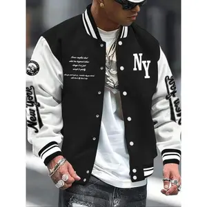 Men's Letter Print Baseball Collar Bomber Jacket Loose Casual Sports Long Sleeve Varsity Jacket Suitable for Autumn and Winter Men's Daily Outerwear Men's Clothing Men's Apparel