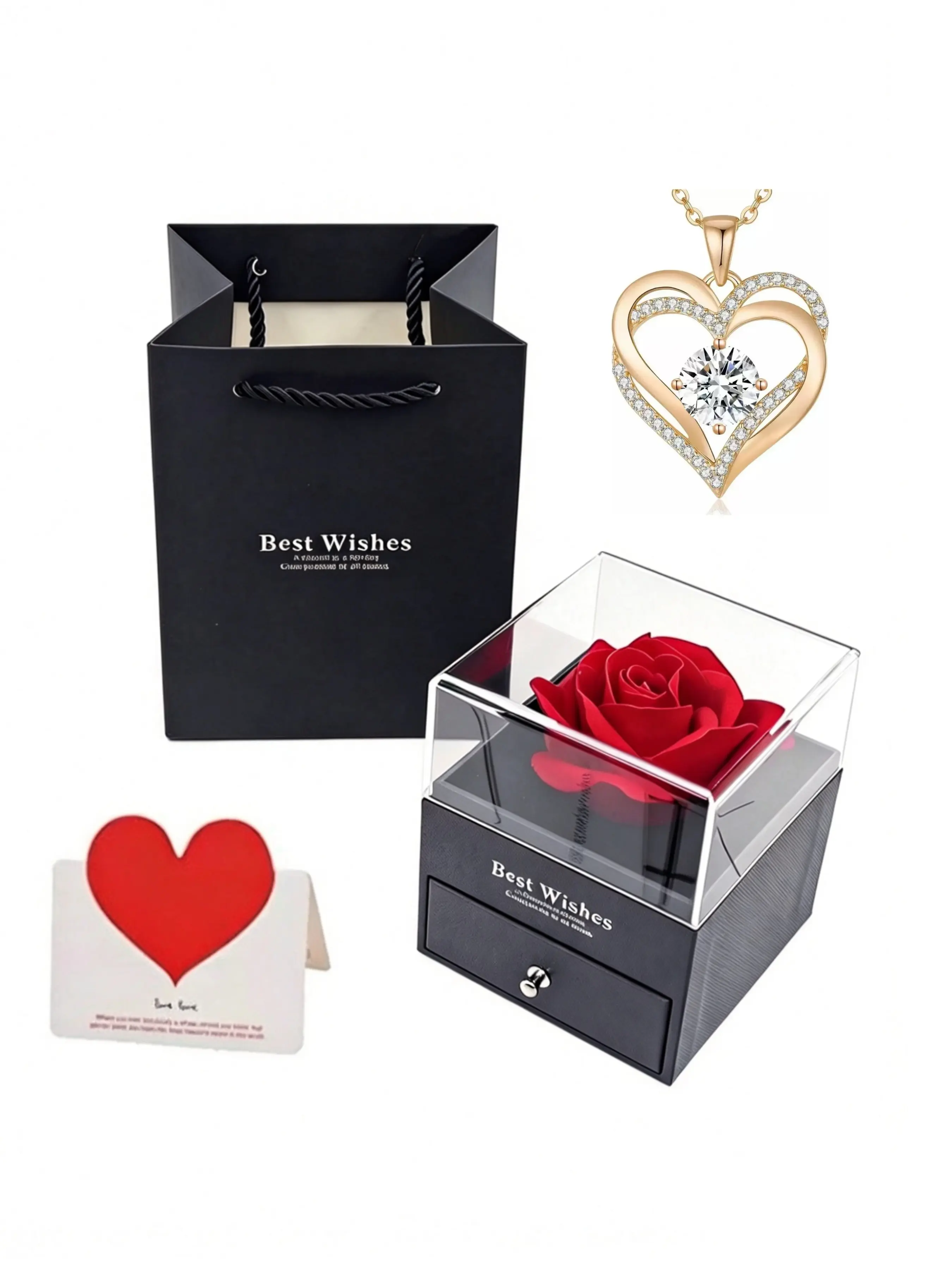 Single Rose Flower Gift Box Necklace Box, Heart-Shaped Personalized Collar Necklace Pendant, Love Card Gift Box, Unique Jewelry Packaging, Beautiful Gift Box, Valentine Gift, Romantic Gift, Deluxe Gift Box