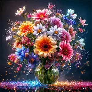 5D Diamond Painting KitVibrant Mixed Gerbera Daisy Bouquet in Clear Glass Vase with Sparkling Glitter Base Full Round/Square Drill Diamond Art Craft DIY Rhinestone Cross Stitch Picture Colorful Floral Theme Wall Art Decor for Home Perfect Gift