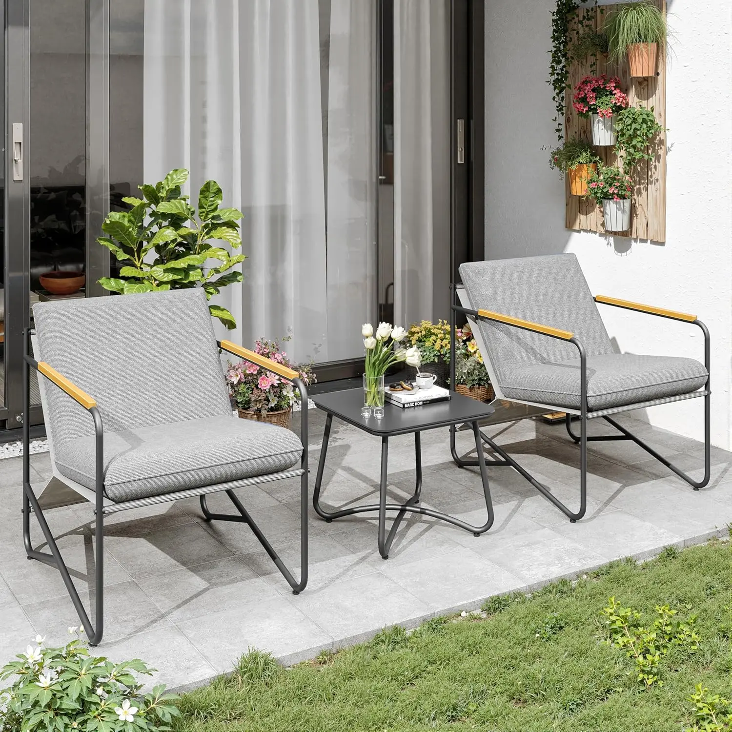 3-Piece Patio Furniture Set, Compact Outdoor Conversation Set with 2 Chairs and Glass Table, Weather-Resistant for Apartment Patio, Small Spaces, Balcony, Backyard – Grey