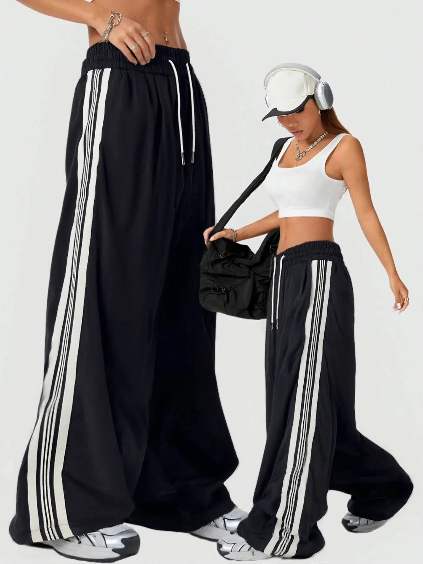 Black & White Striped Wide-Leg Pants | Oversized Drawstring Joggers – Streetwear, Athleisure Bottoms, Bold Side Stripes, Comfy Relaxed Fit Perfect for OOTD, BaddieOutfits, Y2KRevival, Stylish for Brunch, Hangouts or Casual Runs – Versatile Statement