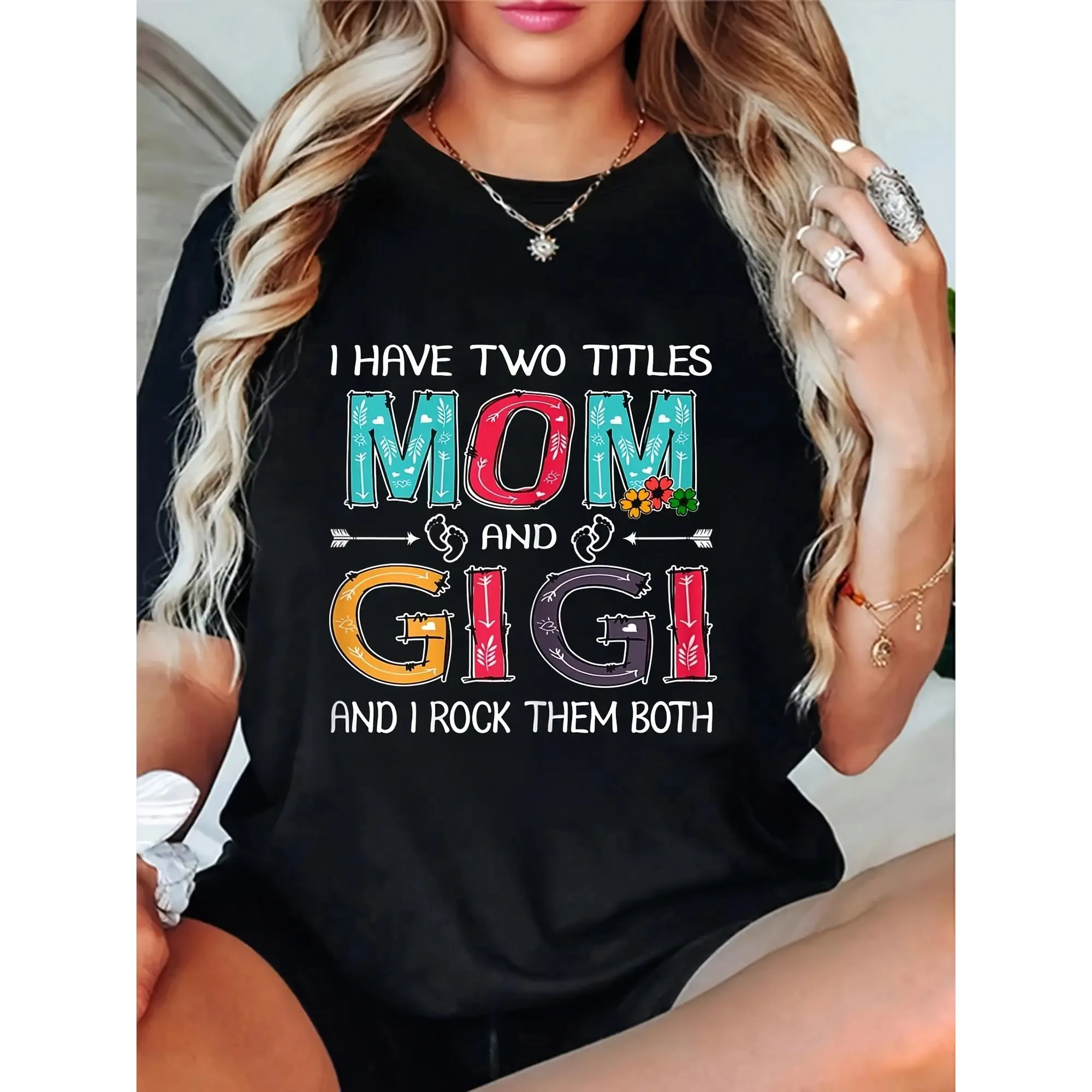 Women's Funny "I Have Two Titles: Mom & Gigi" Graphic T-Shirt - Soft Breathable  Cotton Oversized Tee with Floral Accents, Mother's Day Gift, Casual Short Sleeve Round Neck Top for Spring Summer Fall, Ladies T Shirts