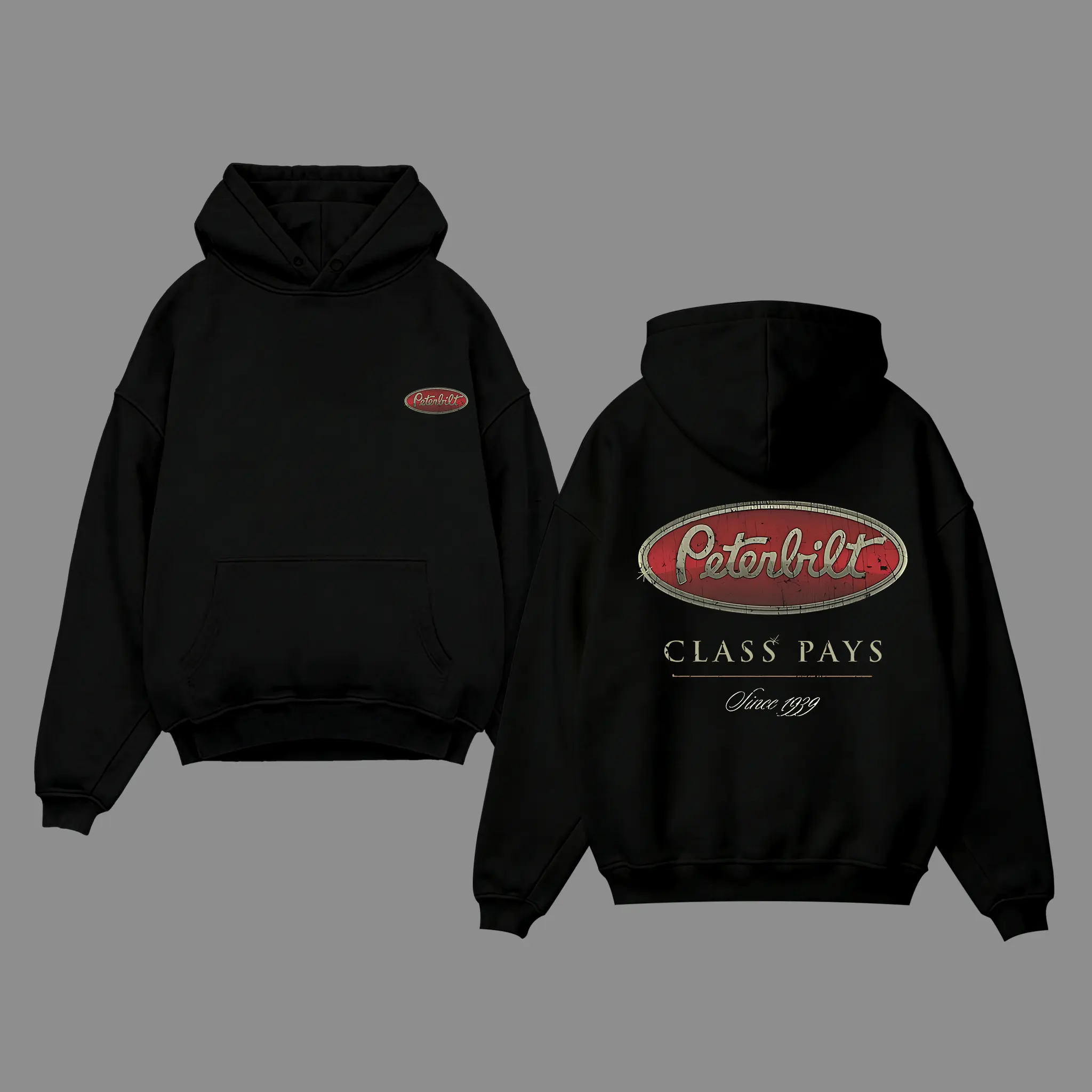 Men's Peterbilt 1939 Graphic Cotton Hoodie - Vintage Truck Pullover, Breathable Menswear Sweatshirt, Casual Streetwear Letter Print Fabric Top, Tops, Sweatshirts
