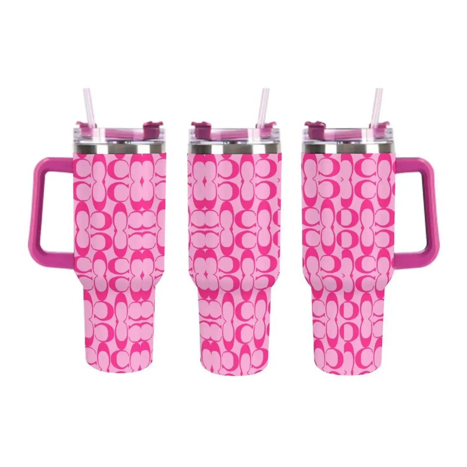 40oz Hot Pink Monogram Print Tumbler with Straw Pink On Pink Designer Inspired Reusable Stainless Steel Gifts For Her