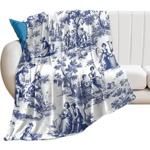Navy Blue and White Decorative Toile Print Blankets and Throws,Thicken Office Nap Throw Blankets for Man Women,Lightweight Plush Super Soft Warm Flannel Blanket for Couch Bed Sofa Chair 40x50in