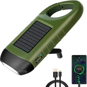 （1pack）Hand Crank Solar Flashlight with USB Charing, Emergency USB Rechargeable LED Flashlight,Portable Handheld LED Survival Flashlight for Camping, Outdoor, Hiking Green