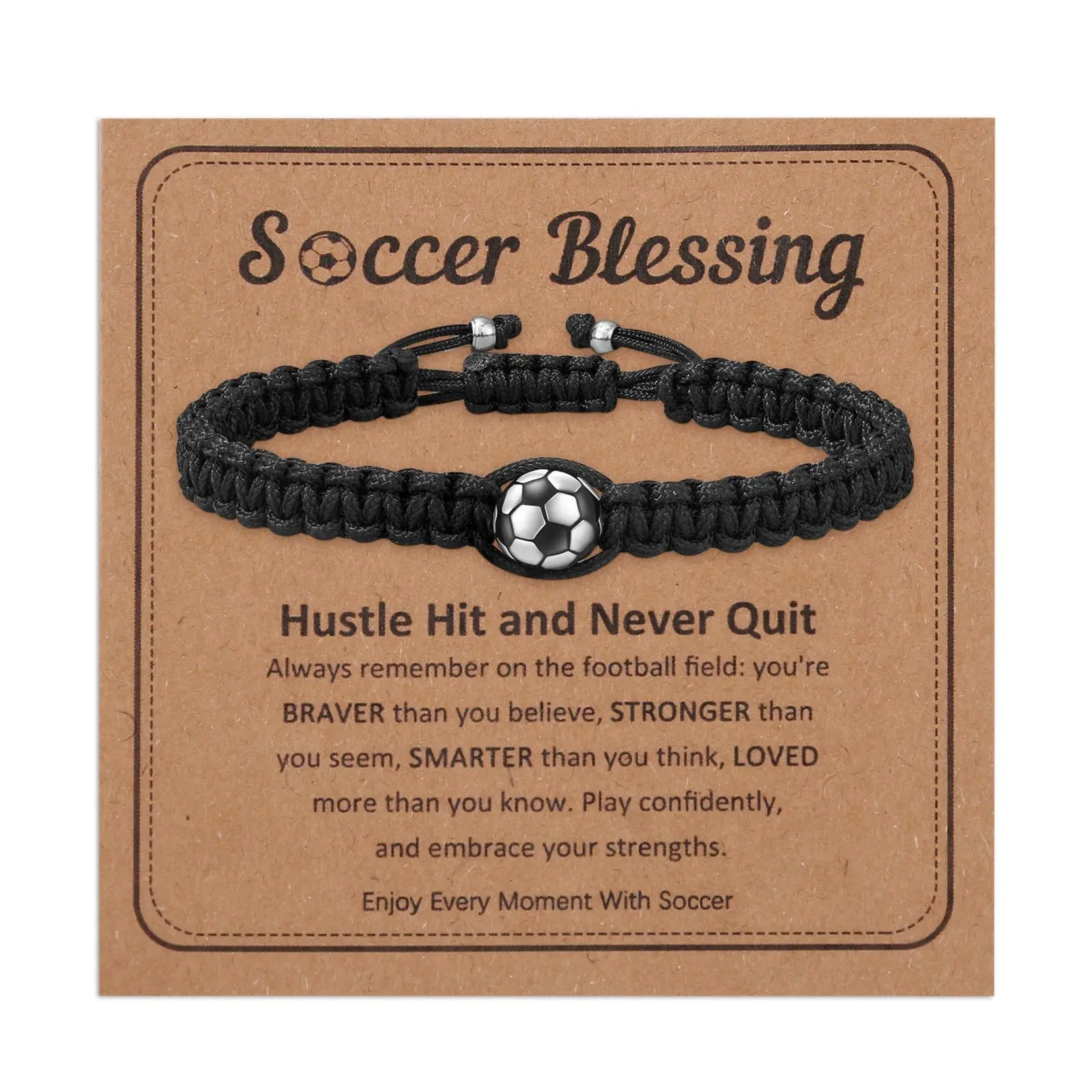 OIDEA Unisex Adjustable Braided Rope Bracelet - Alloy Textured Ball Charm, Soccer-Inspired Design, Football Fashion, Adjustable Fit, Encouraging Gift with Inspirational Card for Teen Athletes, Great Gift for Many Occasions, Sporty Look