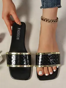 Women's Fashionable Plain Color Square Toe Slide Sandals, Casual Comfortable Flat Sandals for Summer, Lightweight Breathable Shoes for Daily Wear, Girl