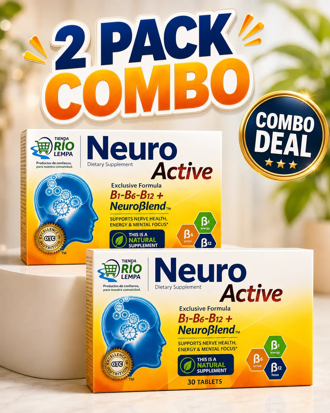 Neuro Active Natural Dietary B Vitamin Supplement 2-Pack Combo - Exclusive B1+B6+B12 Neuro Blend Formula, Adult Nerve Health & Energy Support (30 Tablets)