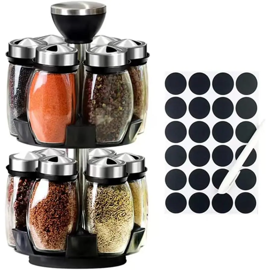 Rotating Tower-Style Kitchenware Canister Set with 12 Bottles - Countertop Rack for Spice Storage and Kitchen Utensil Organization