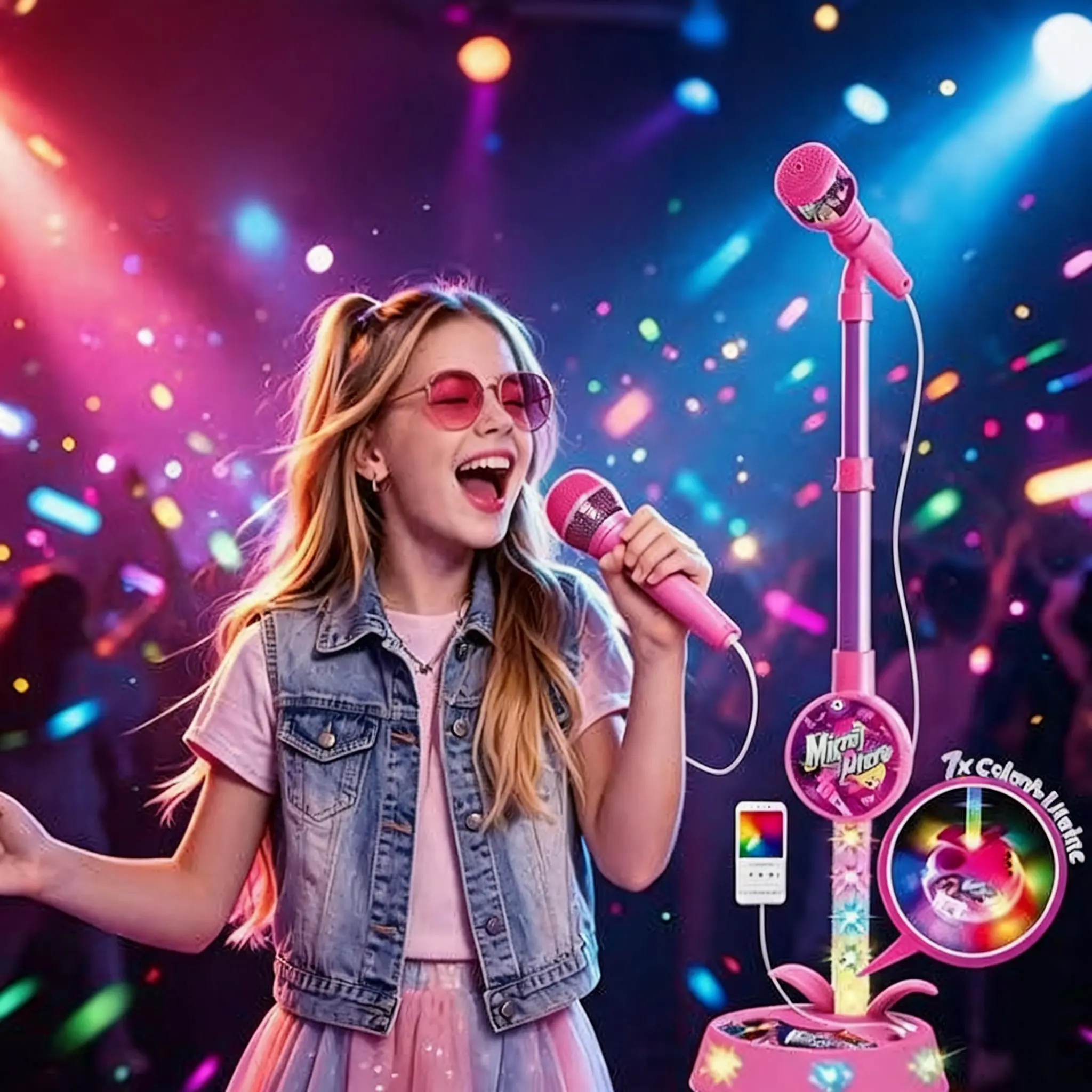 Portable Kids Sing-Along Karaoke Machine Toy - Toddler Karaoke System, Type-C Connection, Phone/Tablet Compatible, Music Playback, Adjustable-Height Stand, Flashing Stage Lights, Plastic, Great Gift