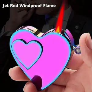 (Butane Gas Not Included) Cool Heart Lighter 3-in-1 Windproof Red Flame, Metal Refillable Pocket Lighter with Grip & Logo Projection - Ideal Gift for Girlfriend&, Heart Torch Lighter