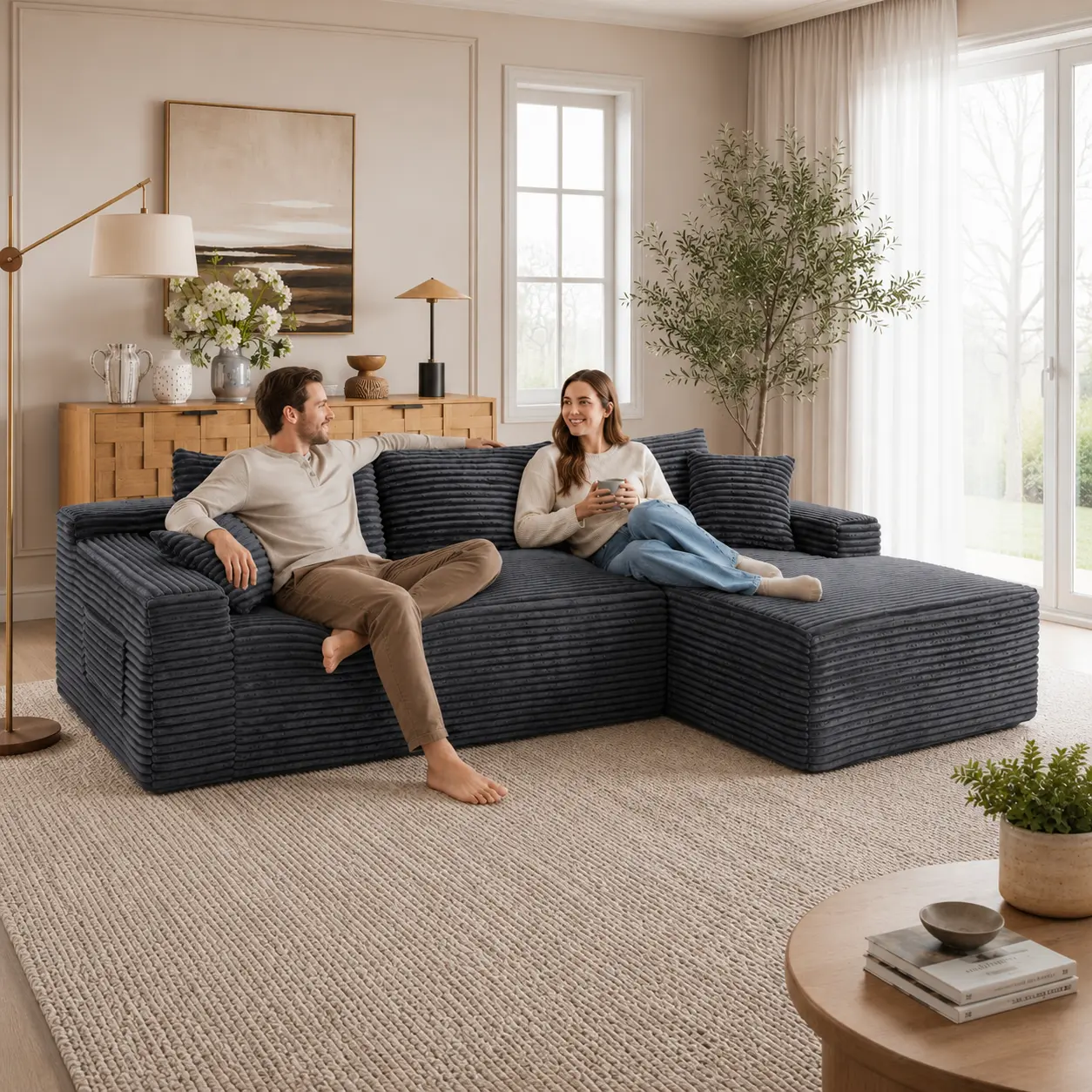 Kaydeno Right Hand Facing L-Shape Corduroy Cloud Sectional Couch, 4-Seater Indoor Living Room Furniture with Smart Coil Support, No Assembly (Black)