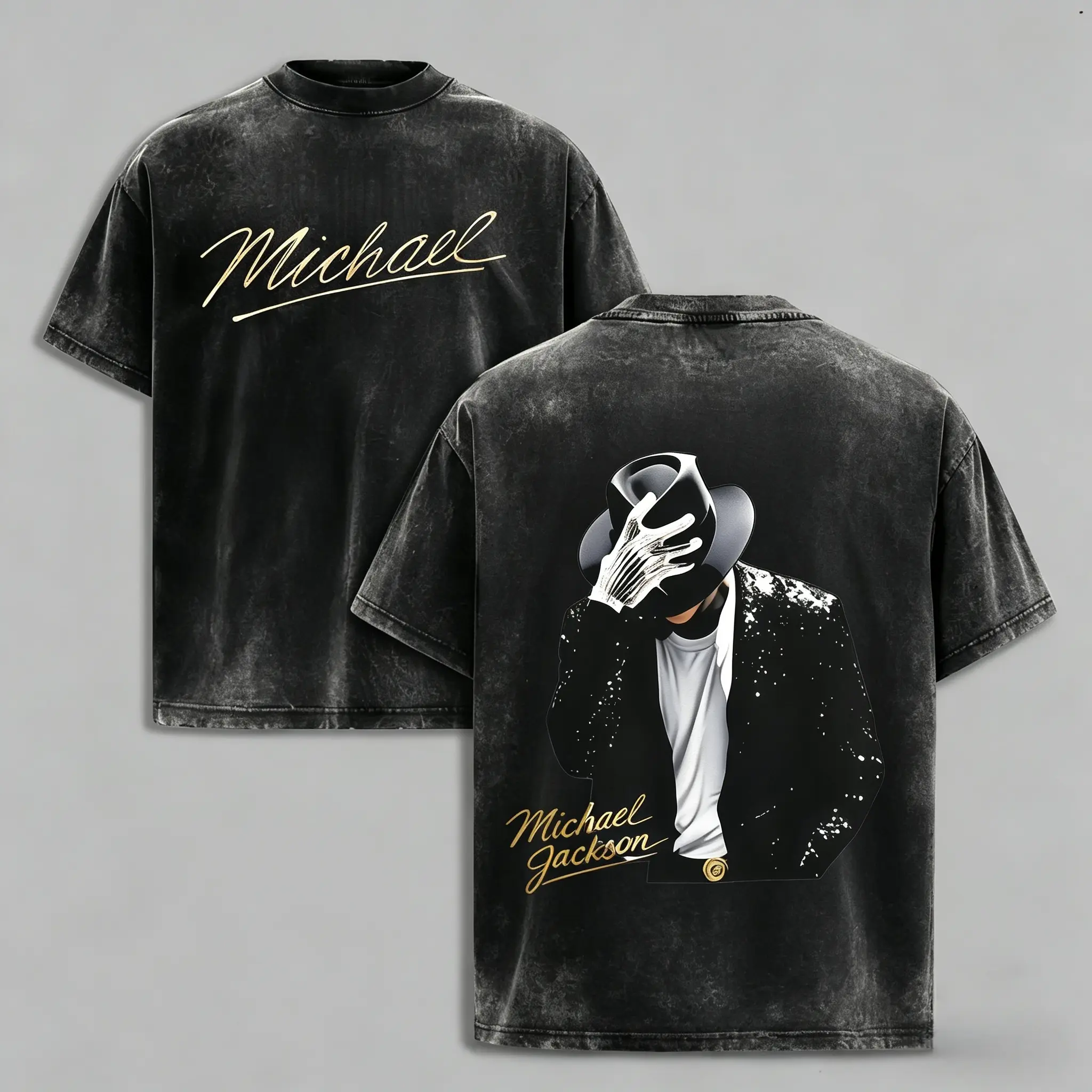 Washed T-shirt,100% cotton, featuring Michael Jackson's iconic signature and classic pose patterns. Suitable for summer streetwear. Retro street style. #Michael Jackson# #Jafar Jackson# #Biography Film# #Musical Legend#，funny graphic tee Casual Tshirt