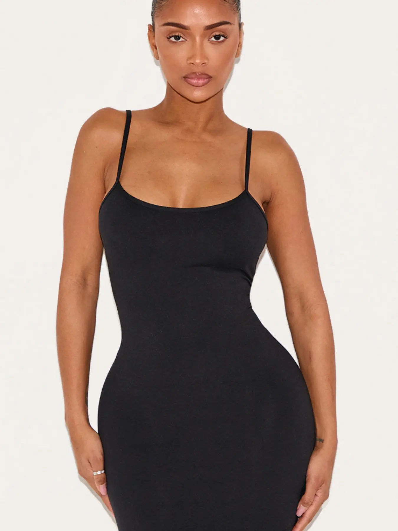 TikTok Viral Y2K Black Spaghetti Strap Sleeveless Bodycon Mini Casual Dress Womenswear - Buttery Soft Seamless Smooth Sculpting Fabric with Tummy Control, Adjustable Straps, Fit, Perfect for Club Night Out, Date Night, Everyday Tummy Flattering Dresses