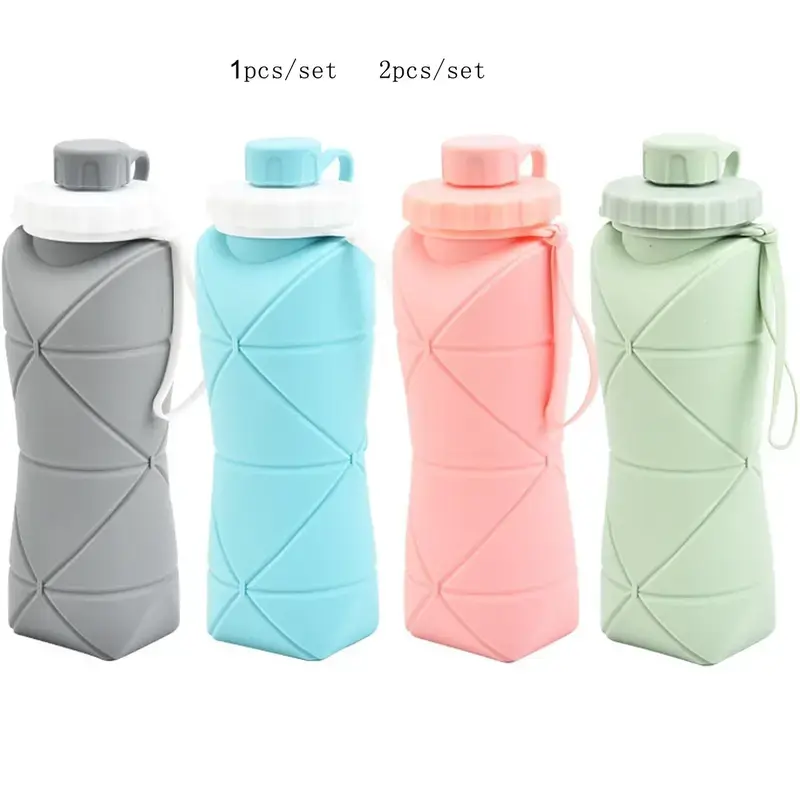 Foldable Silicone Travel Water Bottle 20oz (600ML), Reusable Leak-Proof Sports Water Jug with Handle, Leakproof Water Bottle, 1pc/2pcs Set, Portable Sports Bottle, Sports Drinking Bottle, Travel Bottled Drinkware, Sports Water Bottles