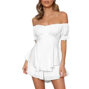 White Flowy Pirate Dress Women Fairy Costume Short Sleeve Corset Mini Romper Dress Sexy Y2k Off Shoulder Ruffle T-Shirt Dress Summer Jumpsuit Casual Polyester Light Womenswear Feminine Party Playsuit Solid Yellow Basic Minimalist