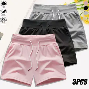 Pack of 3 women’s casual shorts, solid color, drawstring elastic waistband, everyday wear, outdoor sports fitness running, yoga, women’s athletic shorts, womenswear