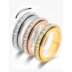 Titanium Steel Spinner Fidget Band Rings for Women Men Cubic Zirconia Rotatable Anxiety Relief Ring Wedding Promise Statement Jewelry Sizes 5-12