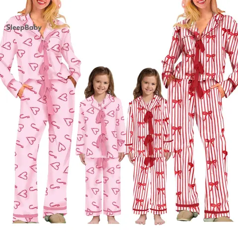 Mommy & Me 2-Piece Summer Matching Pajamas Instant Set - Elastic Blend Family Top and Pants, Long Sleeve V Neck Tops with Pleated Bow Cuffs (Adds Sweet, Playful Detail), Bow Stripe/Heart Print, Tie Front, Loungewear Gift Set