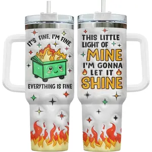 Dumpster Fire Tumbler with Handle and Straw, 40oz Stainless Steel This Little Light Of My Cup, Everything Is Fine Mug, Funny Birthday Gifts for Him Her, Friends & Coworkers