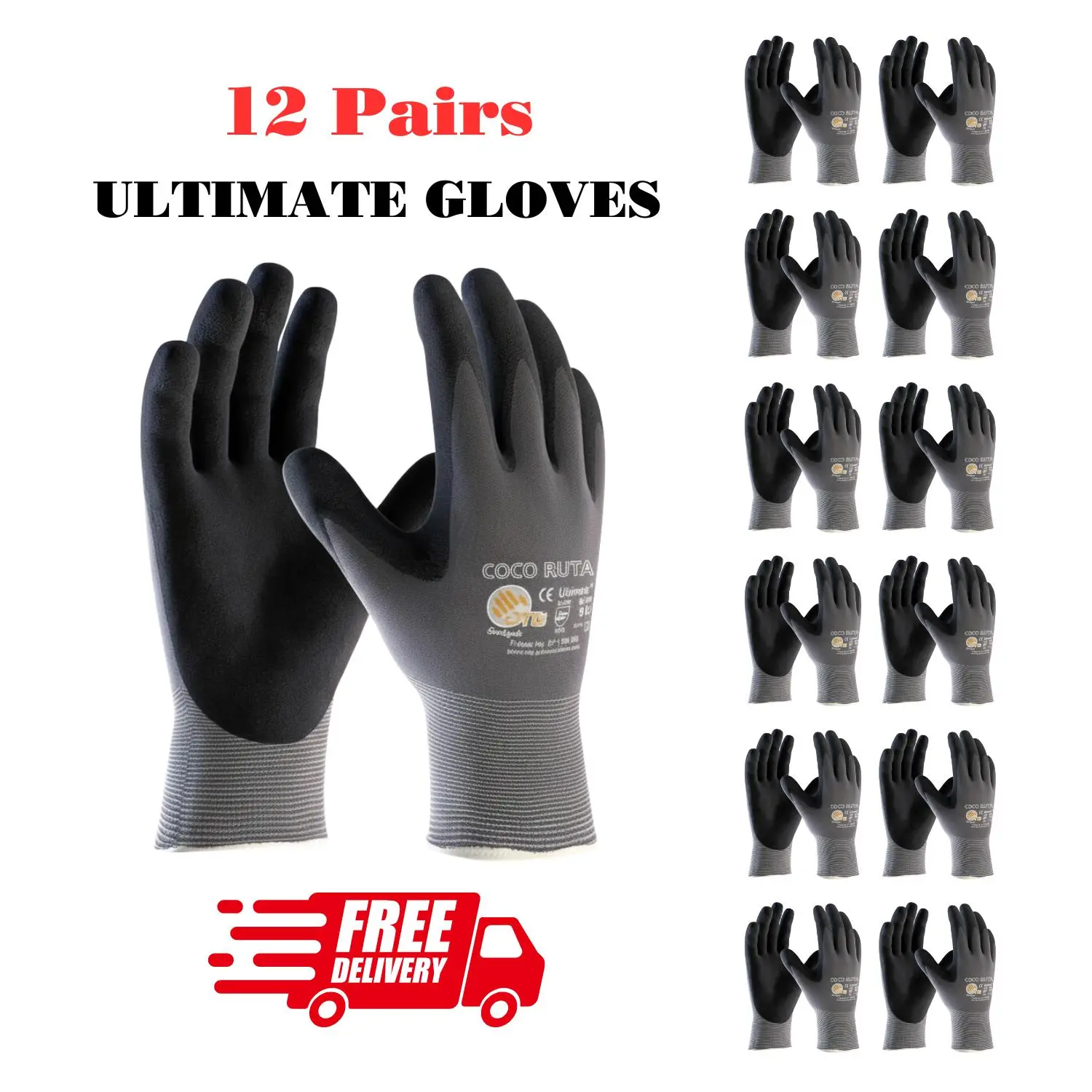 12 Pairs COCO RUTA Gloves 34-874 Safety Gloves | Guantes Para Trabajo - Maxi Flex Gloves For Men Nitrile Micro Foam Grip Palm Comfortable Fit Construction Gear