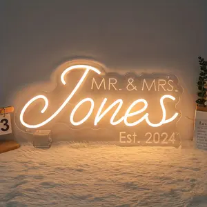 Personalized Mr & Mrs Neon Sign - Warm White, Custom Last Name Light for Wedding Backdrop & Welcome Decor, USB Powered, Acrylic, Perfect Gift for Couples Modern