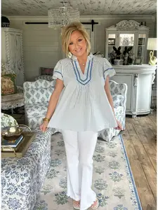 Blue Stripe Trim Pleated V-Neck Top