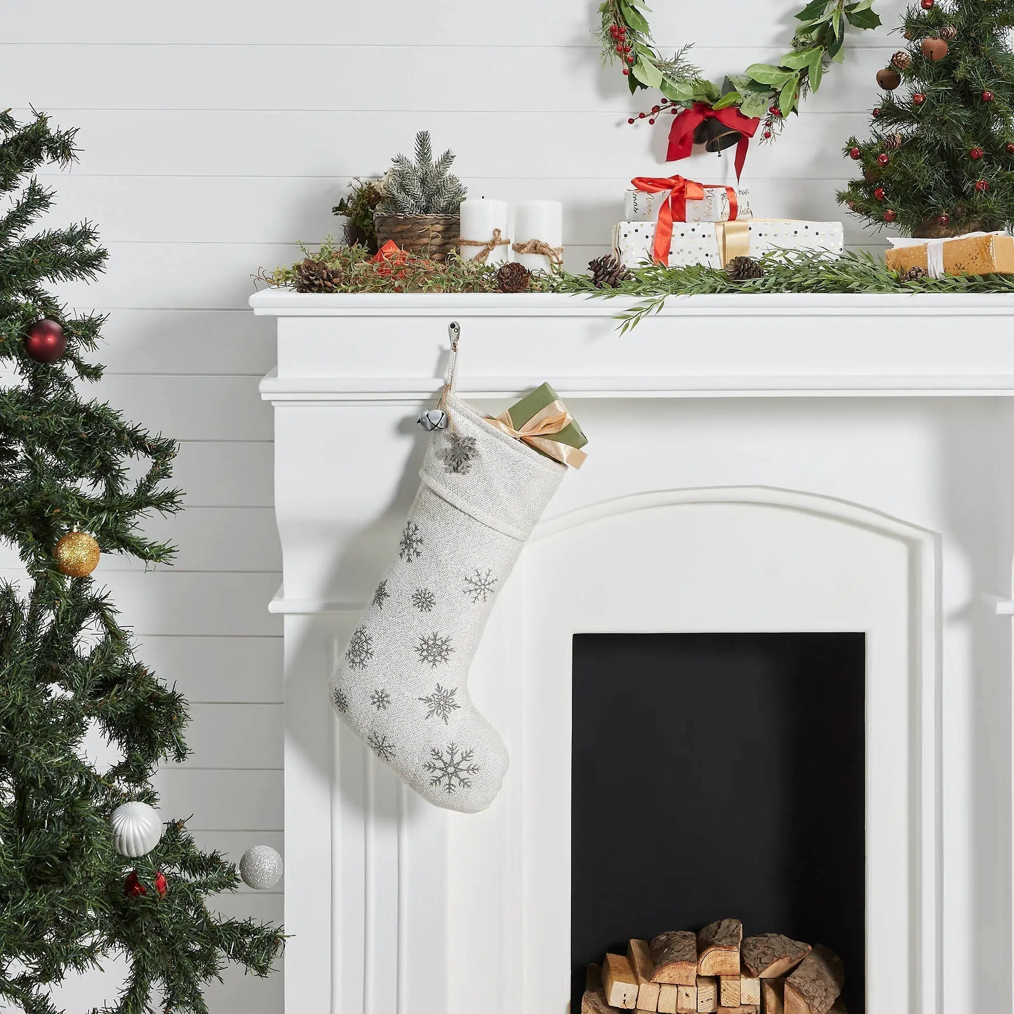 Yuletide Burlap Antique White Snowflake Stocking