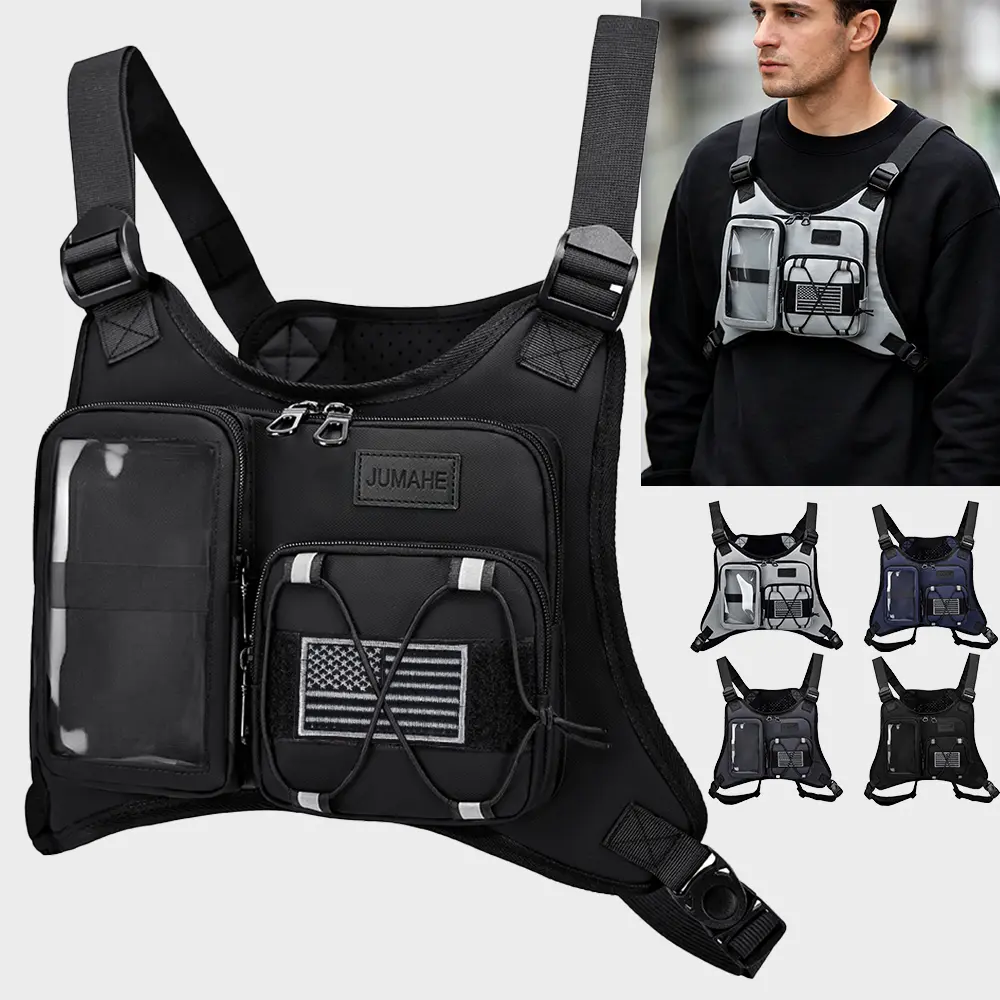 JUMAHE Men's American-Style Anti-Theft Lightweight Tactical Chest Pack - Waterproof Multi-Compartment Hiking Belt Bag with Reinforced Materials, Adjustable Strap, Hands-Free Wear, Transparent Pocket for Fast Phone Access & Quick Phone Check, Cycling Use,