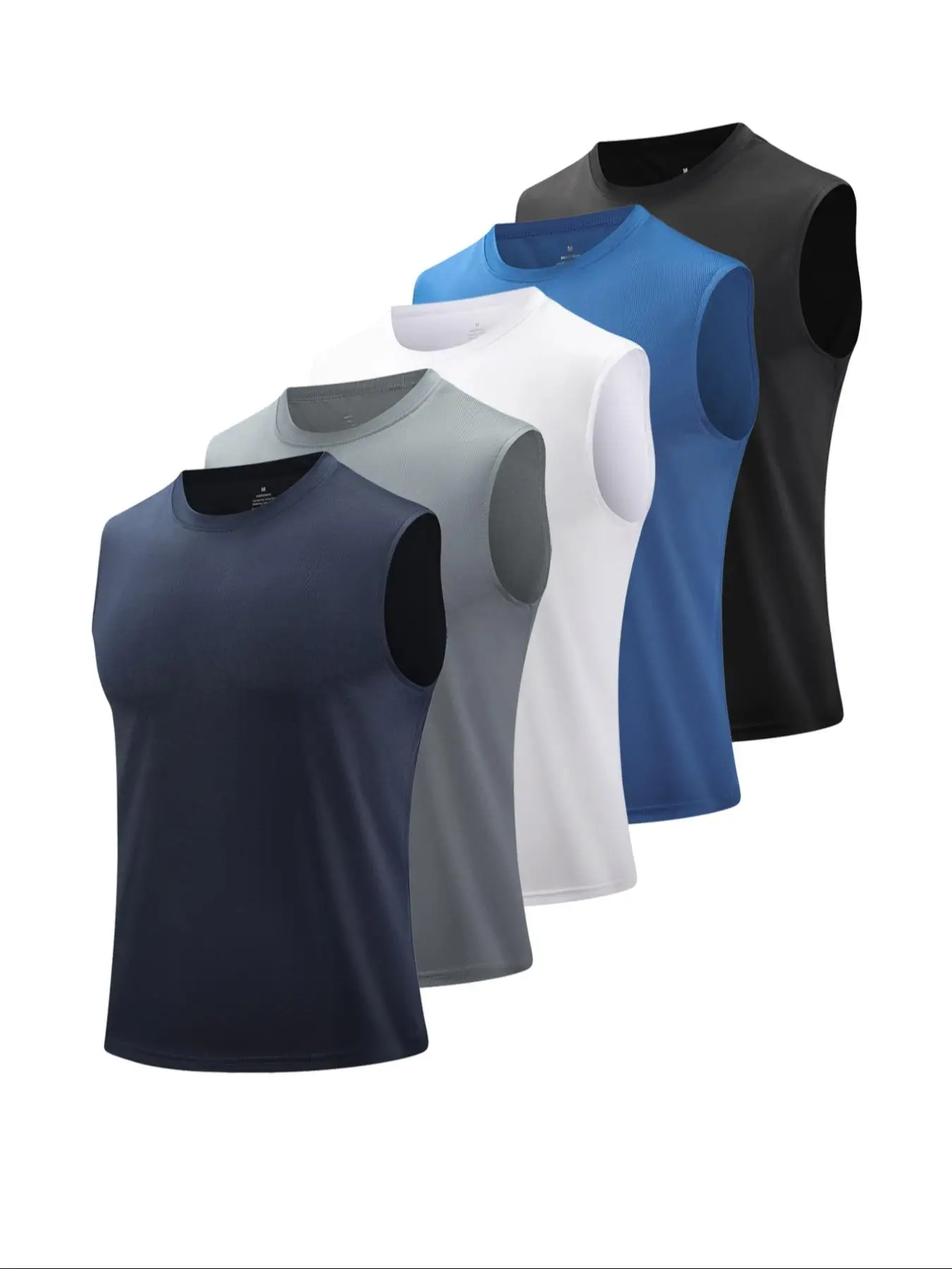 Men's 5pcs Solid Round Neck Sports Vest, Breathable Comfortable Quick Drying Sweat-absorbing Tank Top for Running Outdoor Exercise Basketball Training