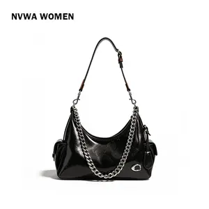 Biker Core Black Purse Women's Patent Faux Leather Crescent Handbag Chunky Chain Shoulder Bag Adjustable Strap for Club Streetwear