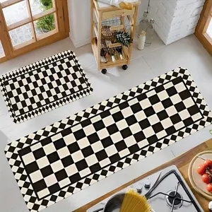 JOYFINITY  Flannel 3pcs Black and White Checkered Non-Slip Floor Mats for Kitchen Cozy Kitchen Rugs Combination