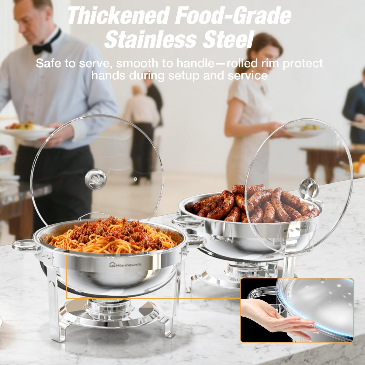WARMOUNTS Round 5QT Chafing Dishes with Glass Lid (2/4 Pack) – Stainless Steel Buffet Warmers, Mirror-Polished Silver Finish, Lid Holder, Rolled Rim, for Easter Brunch, Weddings & Catering