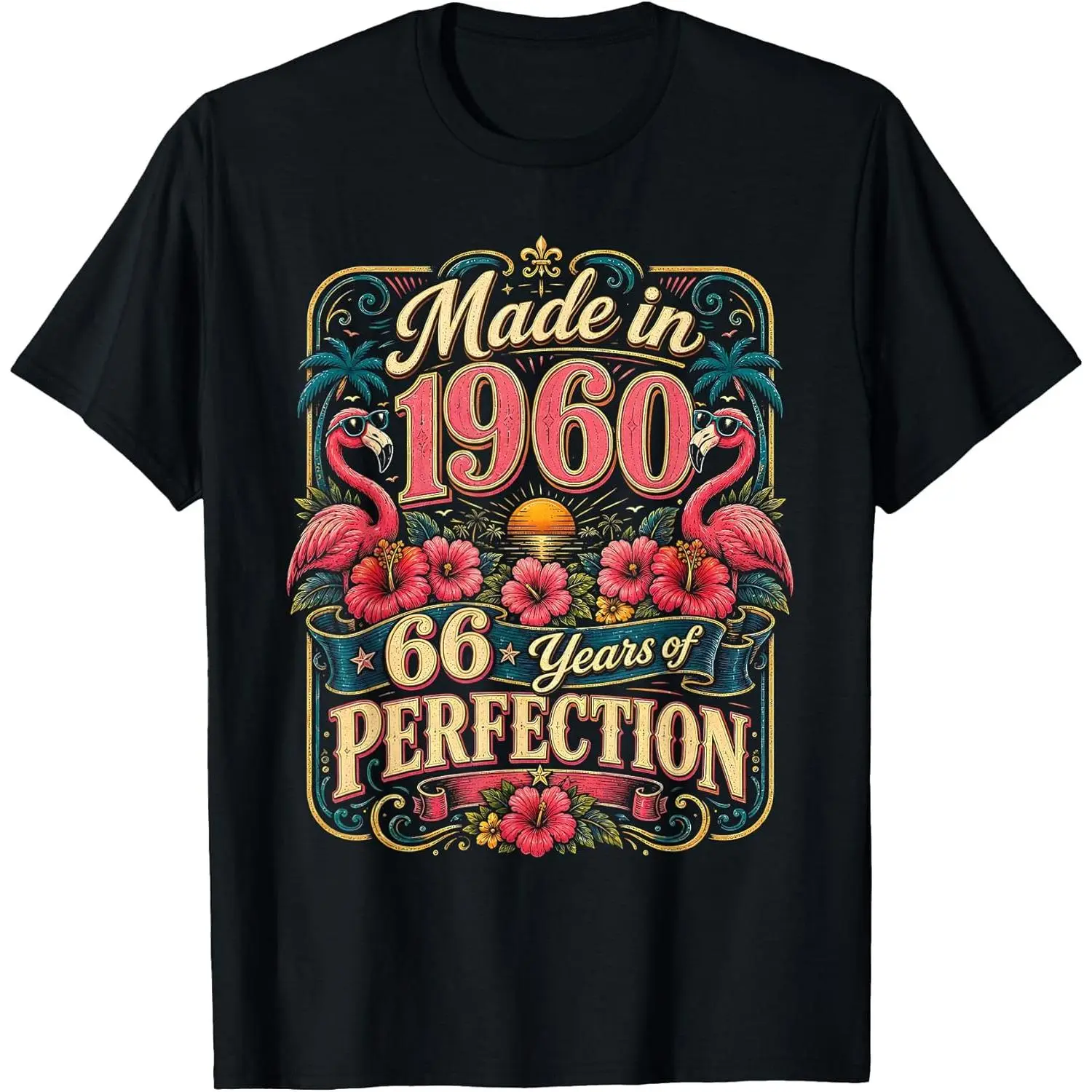 Women's 100% Cotton Short-Sleeve Casual Graphic T-Shirt, Distressed Streetwear for 66th Birthday Made in 1960 Tropical Flamingo 66 Year Old, Shortsleeve, Round Neck, Top, Tshirt, Everyday, Vintage