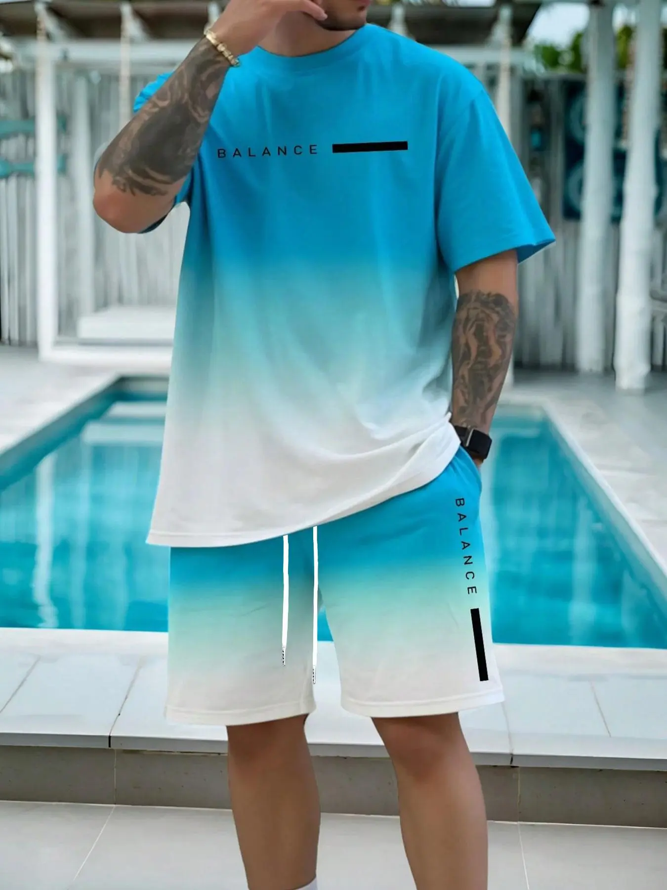 Men's Gradient Print Tee & Shorts Set, Regular Fit Casual Tropical Short Sleeve T-shirt & Track Shorts, Men's Summer Clothes