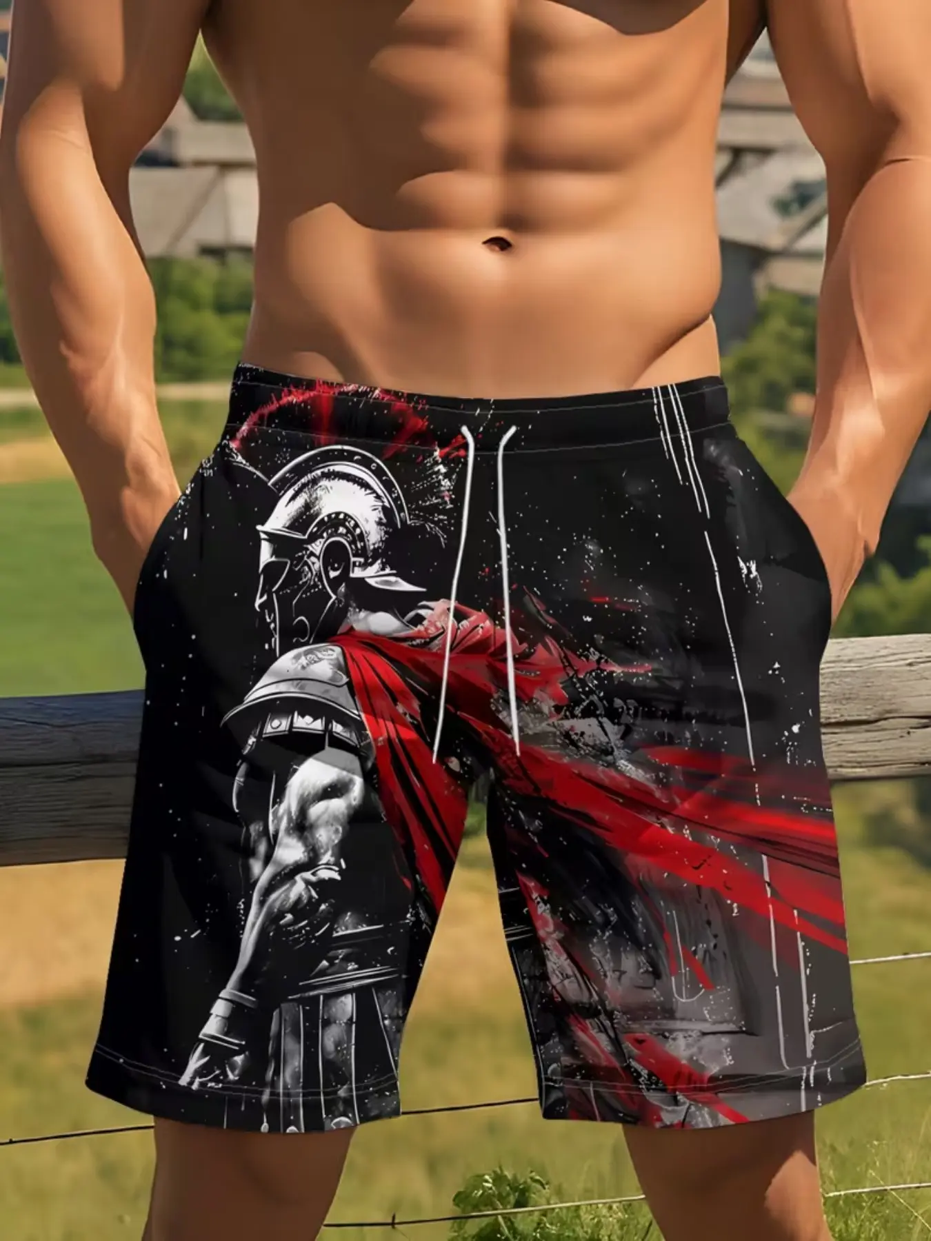 Spartan Warrior Print Graphic Casual Wear Shorts, Cape Accent, Cool Style, Casual Fitted Beach Pants, Drawstring Waist, Low Waist, H Type Silhouette, Shorts For Summer