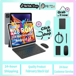 [TikTokShopSpringGlowUp]PRITOM 10.1-inch 128GB ROM 16(4+12)GB RAM Android 14 Tablet Set Dual Camera Bluetooth Keyboard Mouse Stylus 2.4G/5G WIFI Type-C Charging Large Storage Back-to-school Gifts&Office Gifts